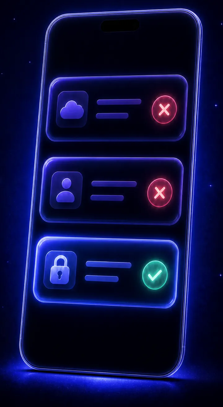 An outlined phone glowing blue: a cloud crossed out, an account crossed out, and a padlock checked