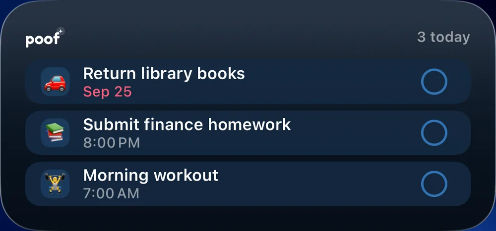 The medium Up Next widget in the Tide theme, listing three tasks