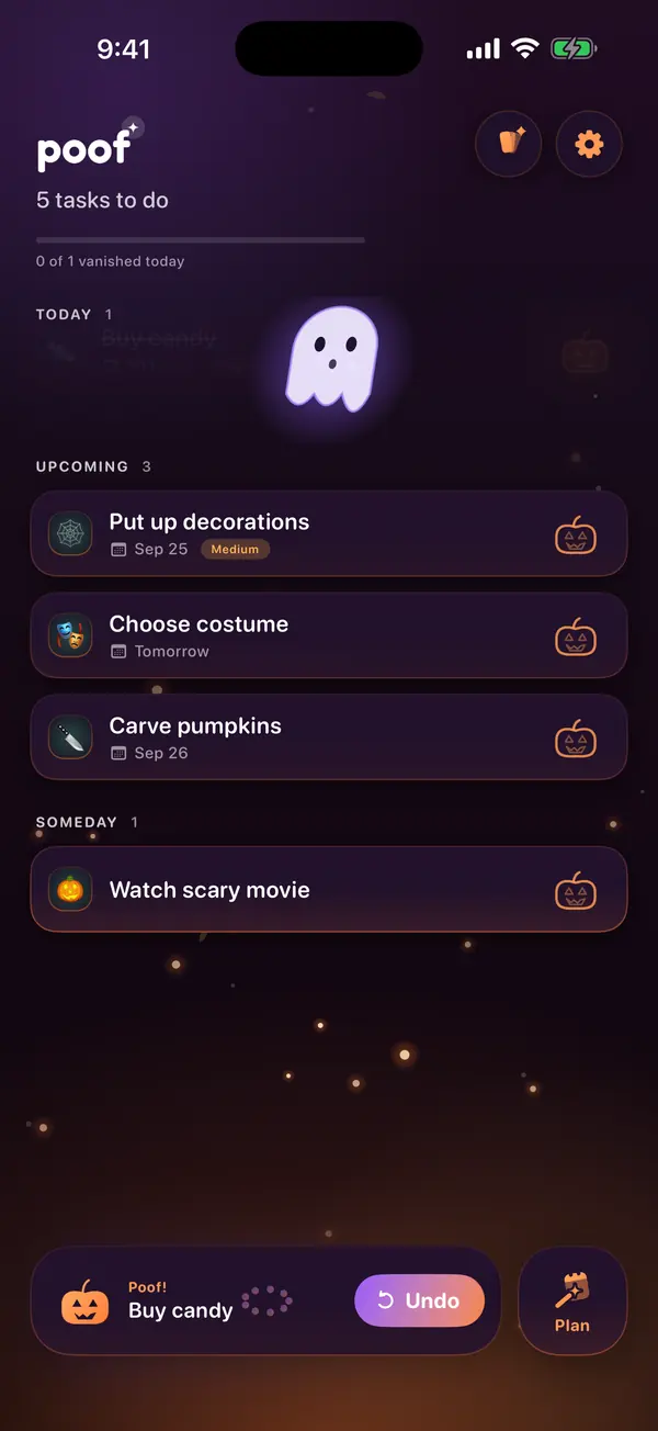 Poof in Pumpkin Glow, a ghost lifting off a finished task