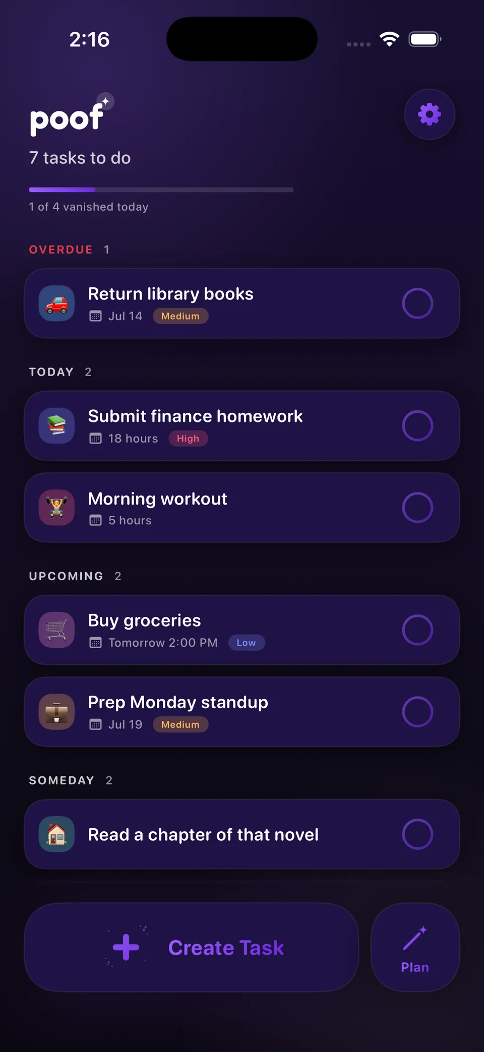 Poof app home screen in dark mode showing tasks grouped by Overdue, Upcoming and Someday